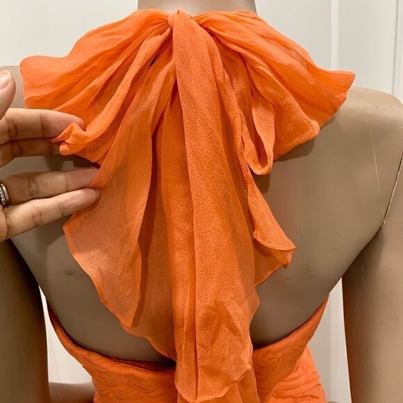 Orange Silk Woven Halter  Cocktail Evening Dress - Picture 6 of 11